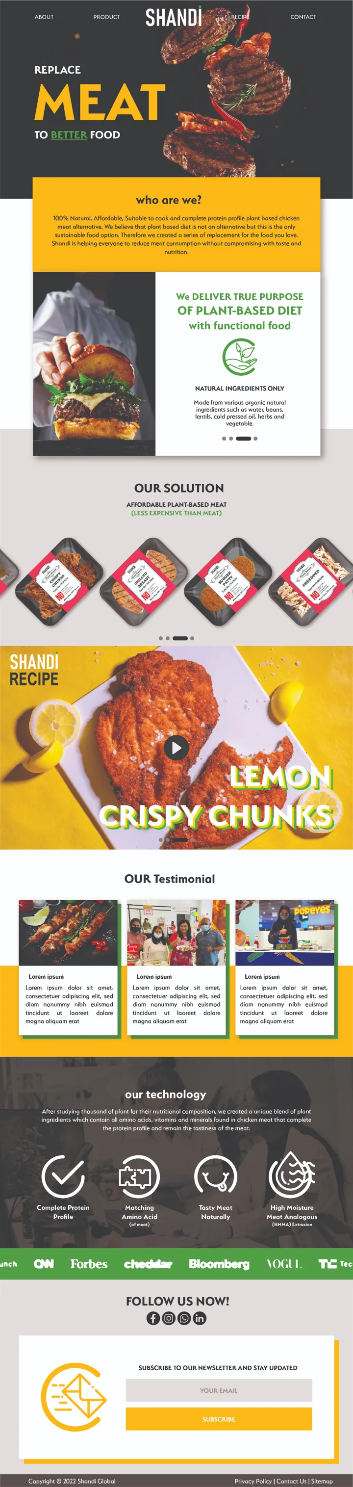 Full Shandi website design using black and yellow with food photography.