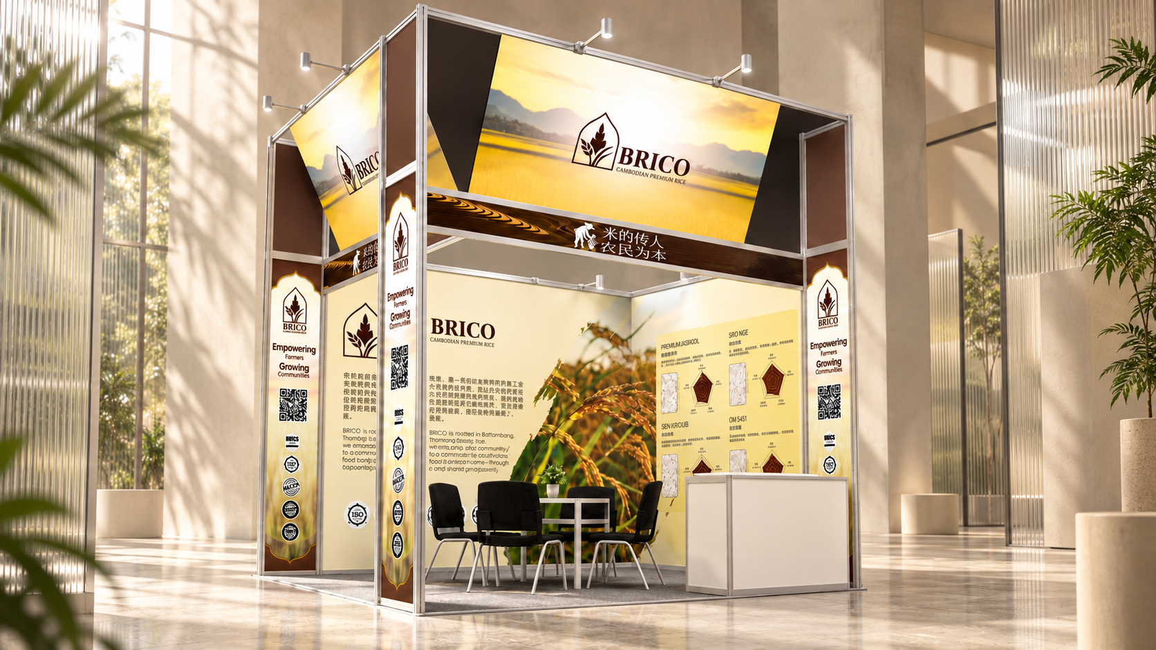 BRICO exhibition concept with cream and gold graphics, product displays and a meeting area in warm natural light.