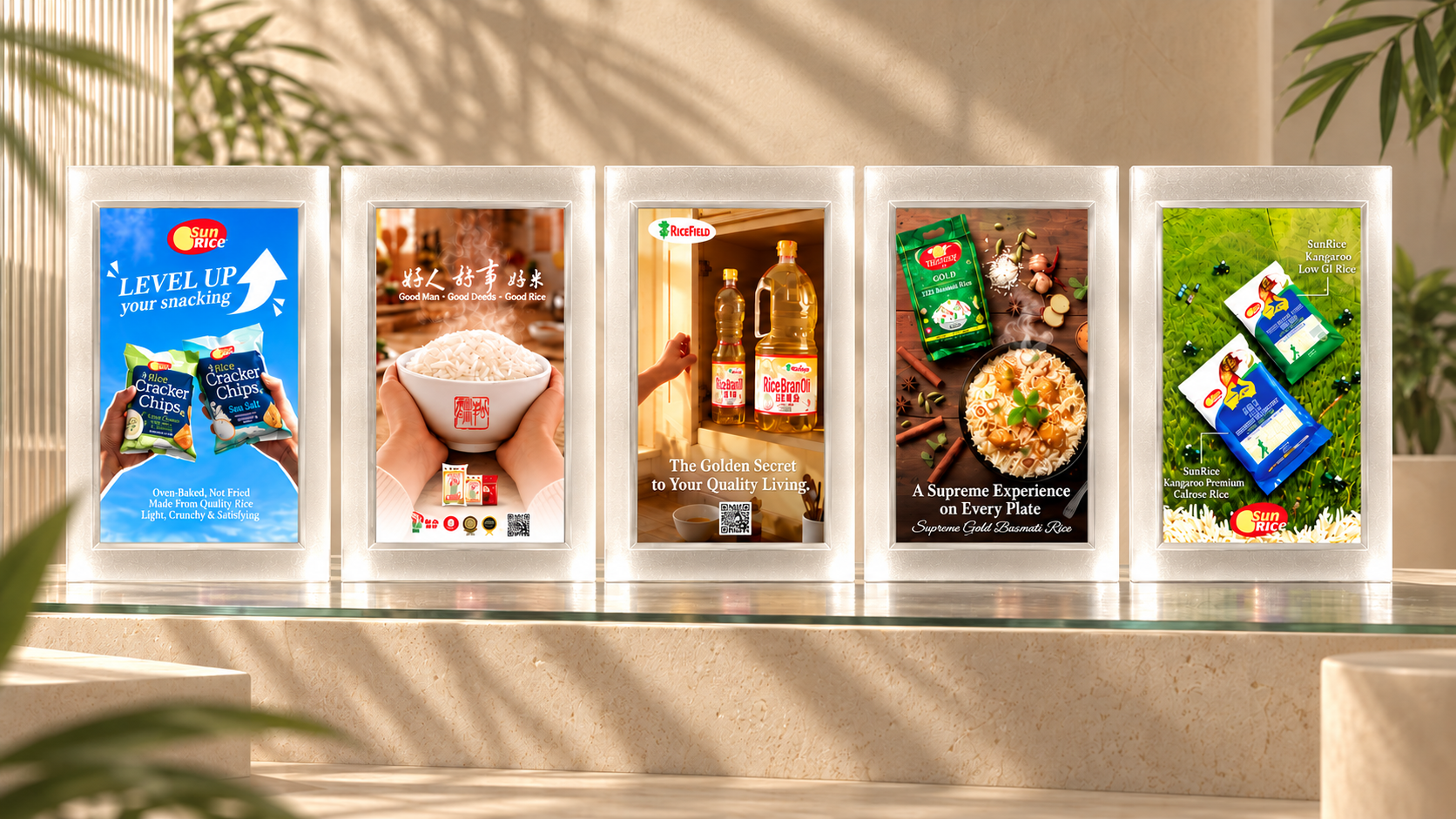 Product campaign posters aligned front-on in frosted glass frames, lit by warm sunlight and soft leaf shadows.