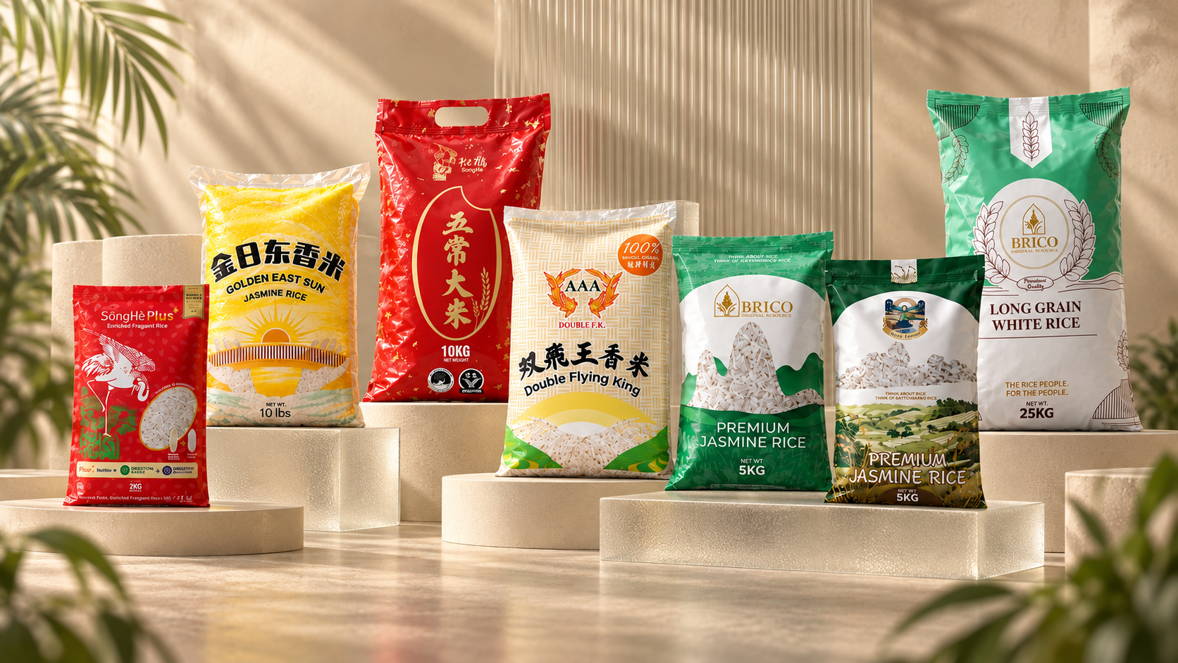 Tong Seng Produce rice packaging arranged on cream stone and translucent glass plinths in warm natural sunlight.