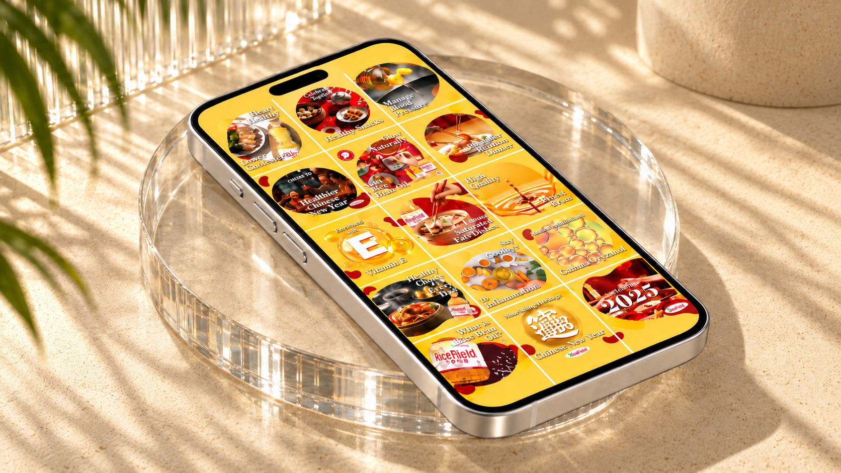 RiceField social artwork displayed on a single diagonal silver phone over a clear glass platform in golden natural light.